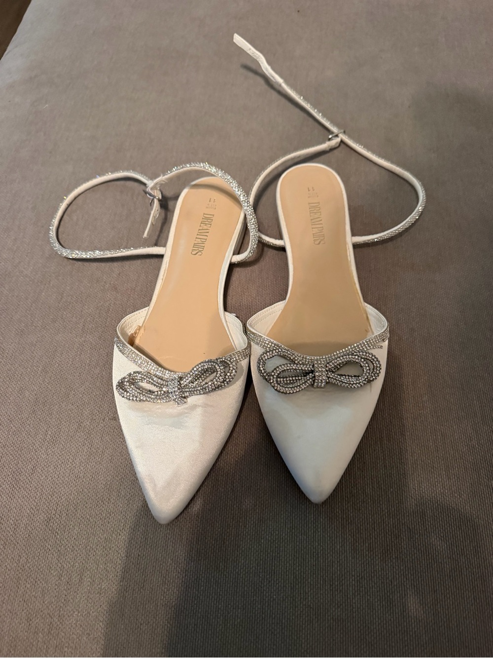 Dream Pairs White Pointed Bow Ankle-Strap Flats with Rhinestone Trim